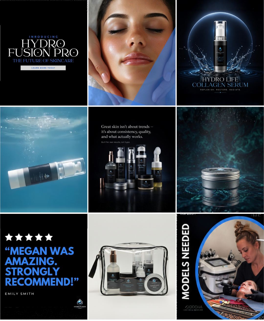 Hydro Fusion Pro Instagram feed in black and deep blue with product photography