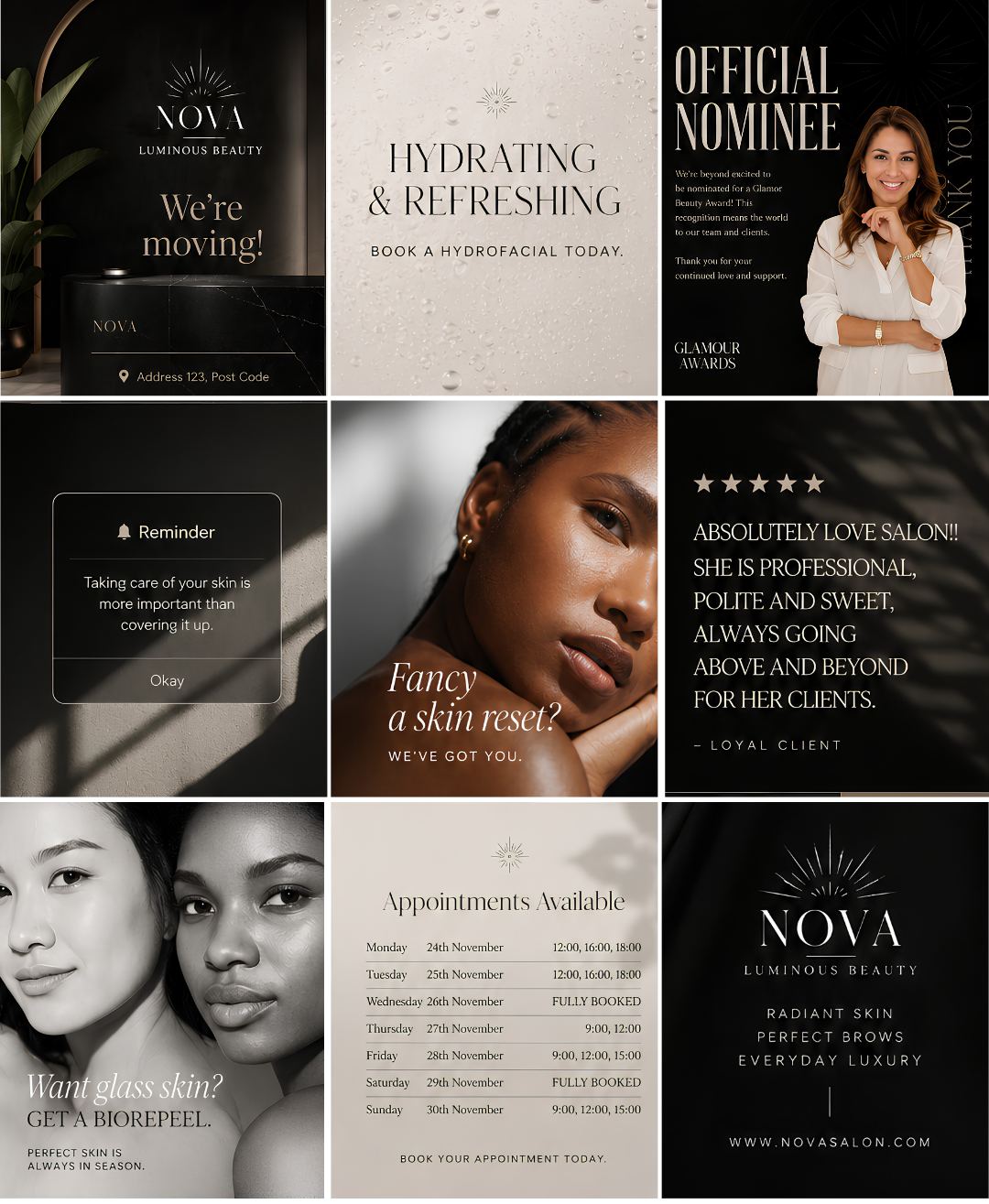 NOVA Beauty Salon Instagram feed in black and gold