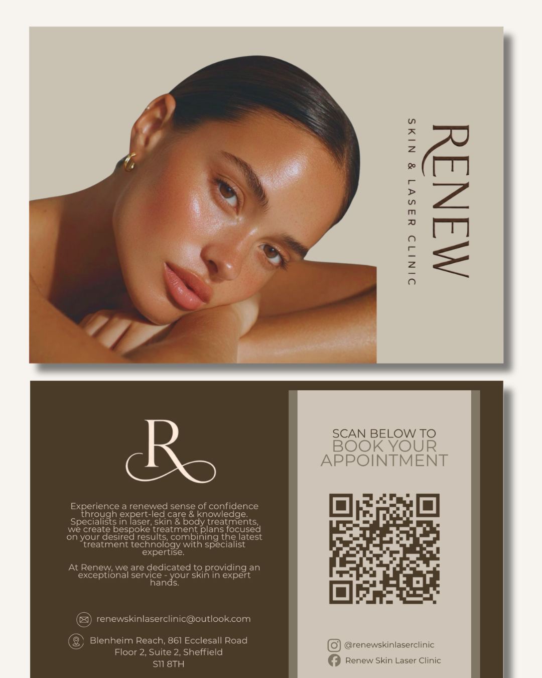 Renew Skin and Laser Clinic print designs including a booking card and treatment checklist