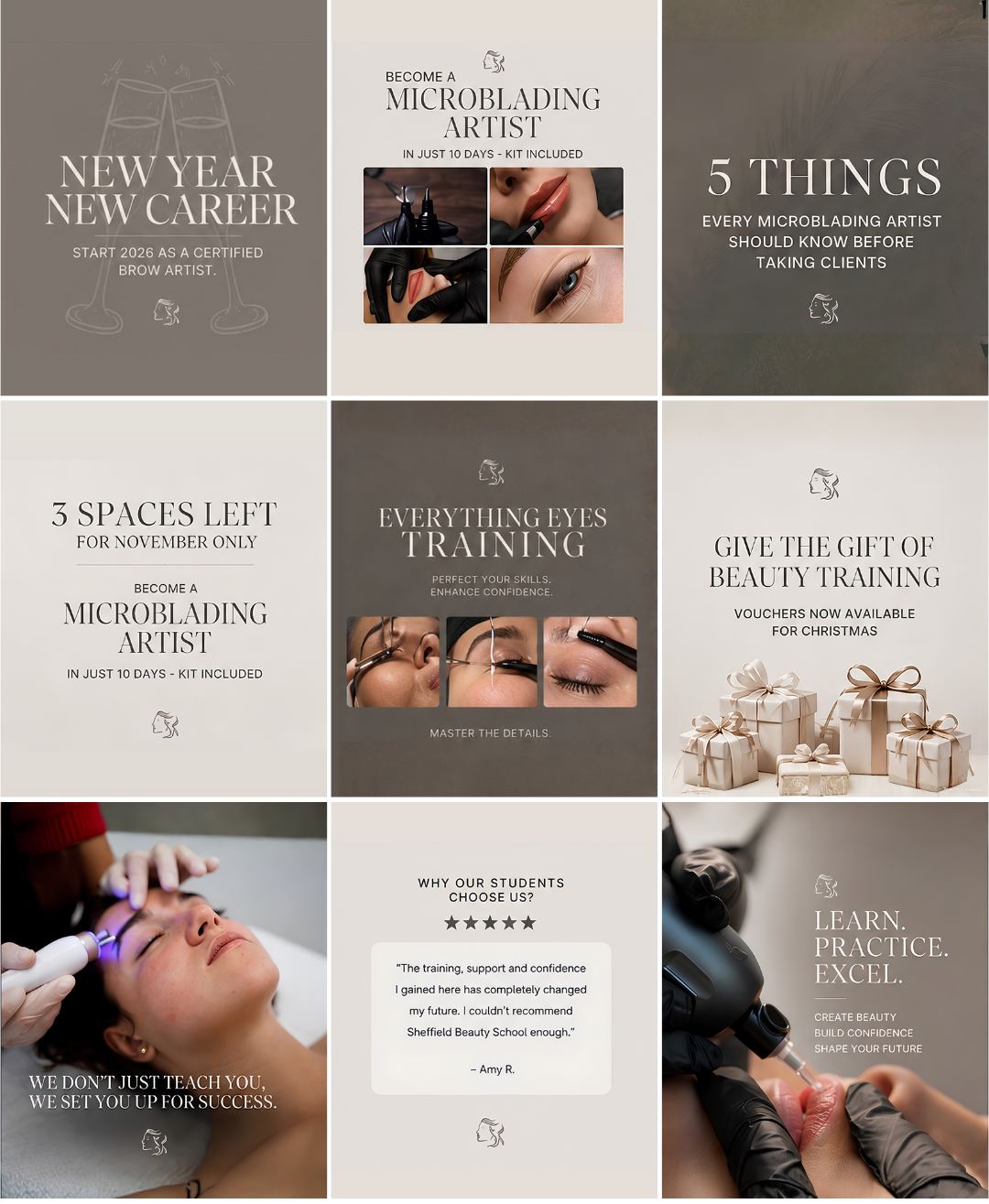 Sheffield Beauty School Instagram feed with microblading course promotions